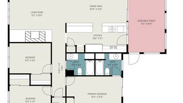 A floor plan of a house with a living room, dining area, kitchen, two bedrooms, two bathrooms, and a screened porch.