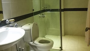 Une salle de bain avec une douche à parois de verre, des toilettes et un lavabo.
