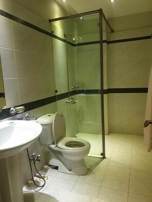 Bañera con ducha, secador de pelo, toallas