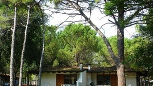 A small, single-story building with a tiled roof, surrounded by trees and a grassy lawn.