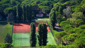An aerial view of a tennis court surrounded by dense greenery and a small building.