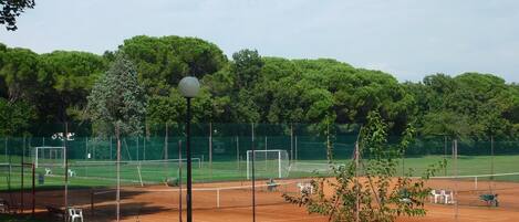 Una cancha de tenis con una red, rodeada por una valla y árboles.