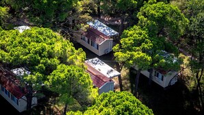 A cluster of cabins surrounded by dense forest.