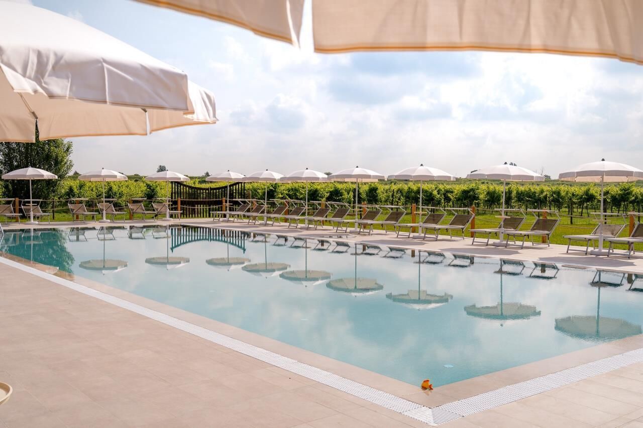 A swimming pool with lounge chairs and umbrellas, surrounded by greenery.