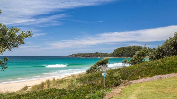 A coastal landscape with a beach, ocean, and greenery.