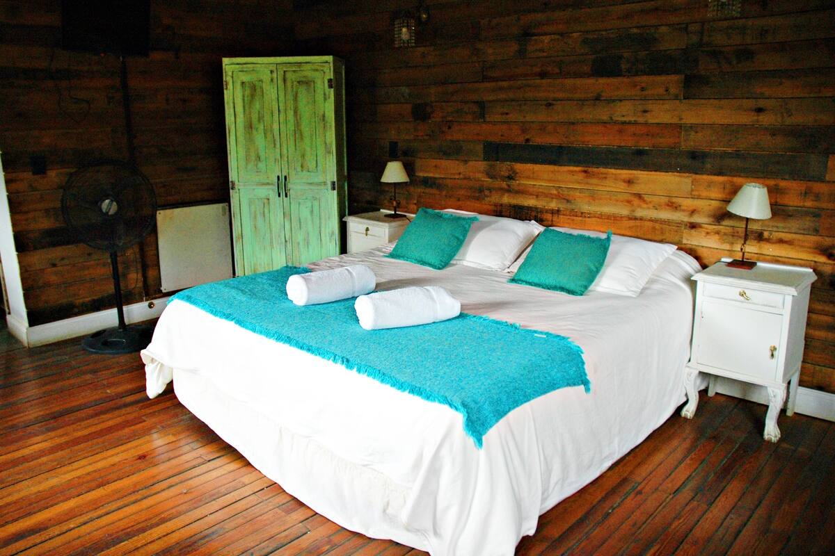 A wooden-paneled room with a bed, two nightstands, and a green door.