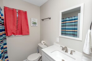 Hair dryer, towels, soap, toilet paper