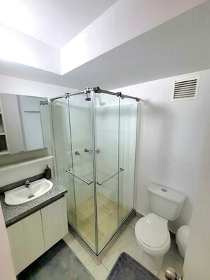 Shower, towels, soap, toilet paper