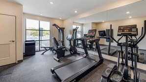 Ein Fitnessstudio mit Laufbändern, Crosstrainern und einer Spiegelwand.