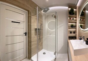 Shower, hair dryer, towels, soap