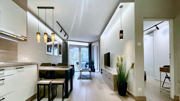 Eine moderne Küche mit Essbereich, einem an der Wand montierten Fernseher und einer Topfpflanze.