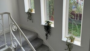 A staircase with a white railing and grey carpet, leading to a landing with three windows. Each window has a hanging plant.