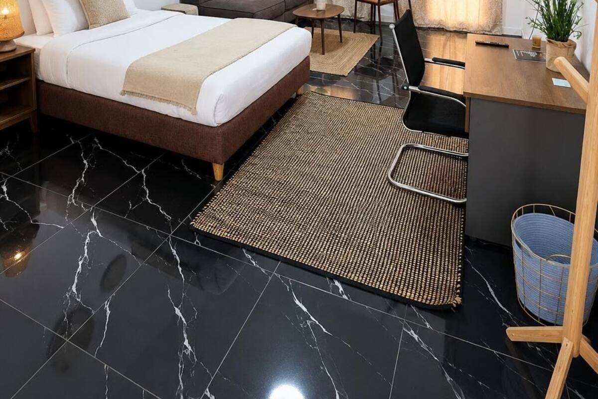 A hotel room with a bed, a desk, a chair, a TV, and a plant.