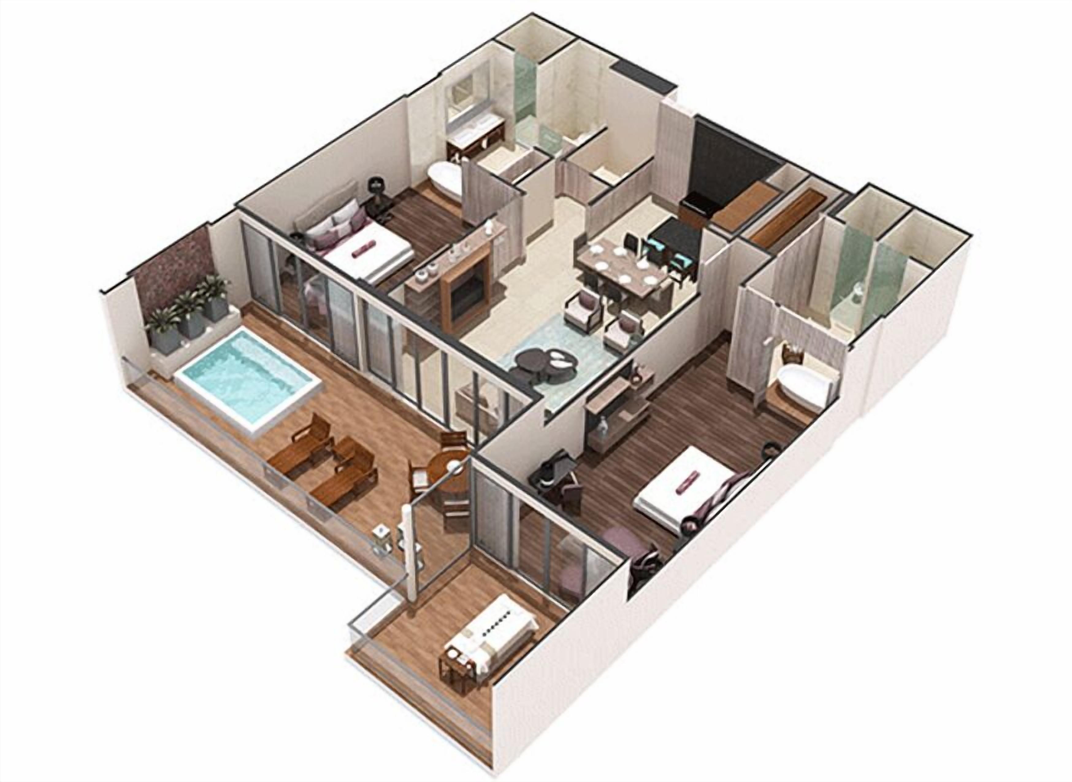 Plano de planta en 3D de un hotel que incluye piscina, habitaciones separadas, baño y sala de estar.
