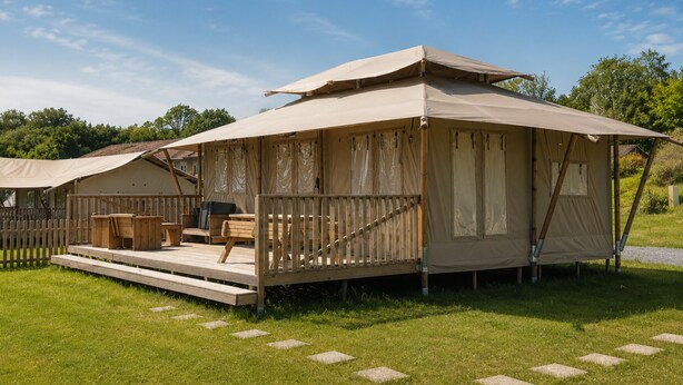 A tented accommodation with a wooden deck, outdoor seating, and a view of the surrounding greenery. - Arden Parks Signy L'Abbaye (Signy-l'Abbaye)