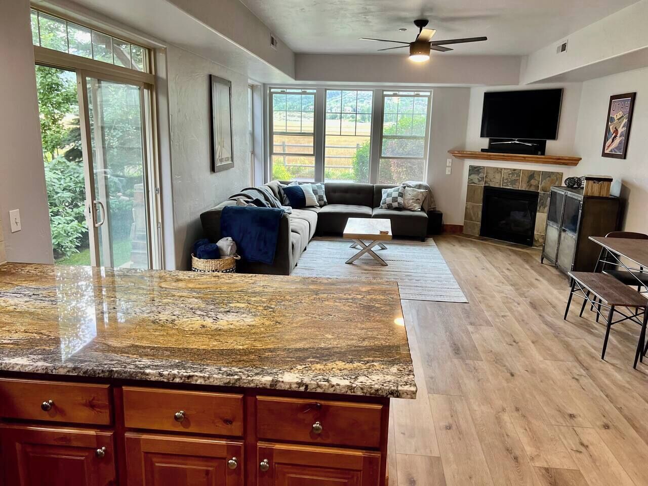 Smart TV, lareira, livros