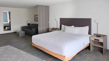 Habitación de hotel con una cama grande, una mesita de noche, una silla y un espejo.