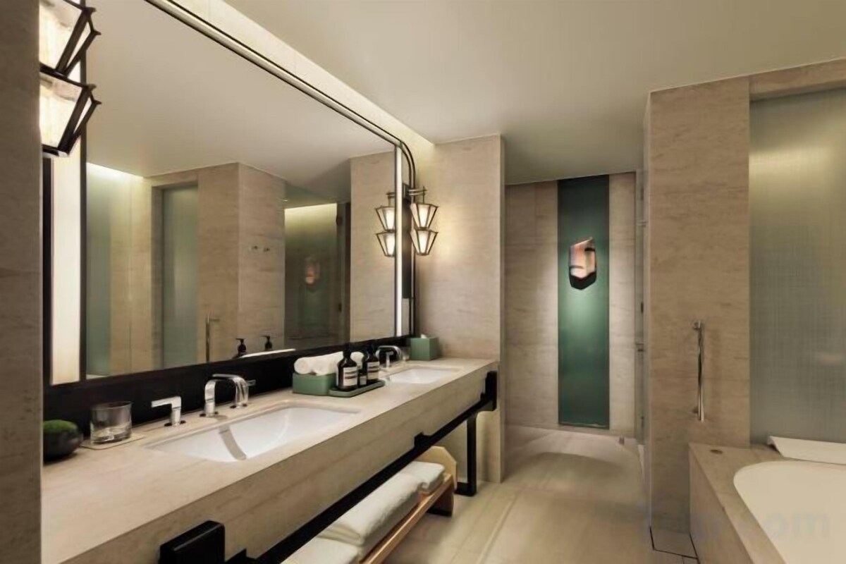 Separate bathtub and shower, free toiletries, hair dryer, bathrobes
