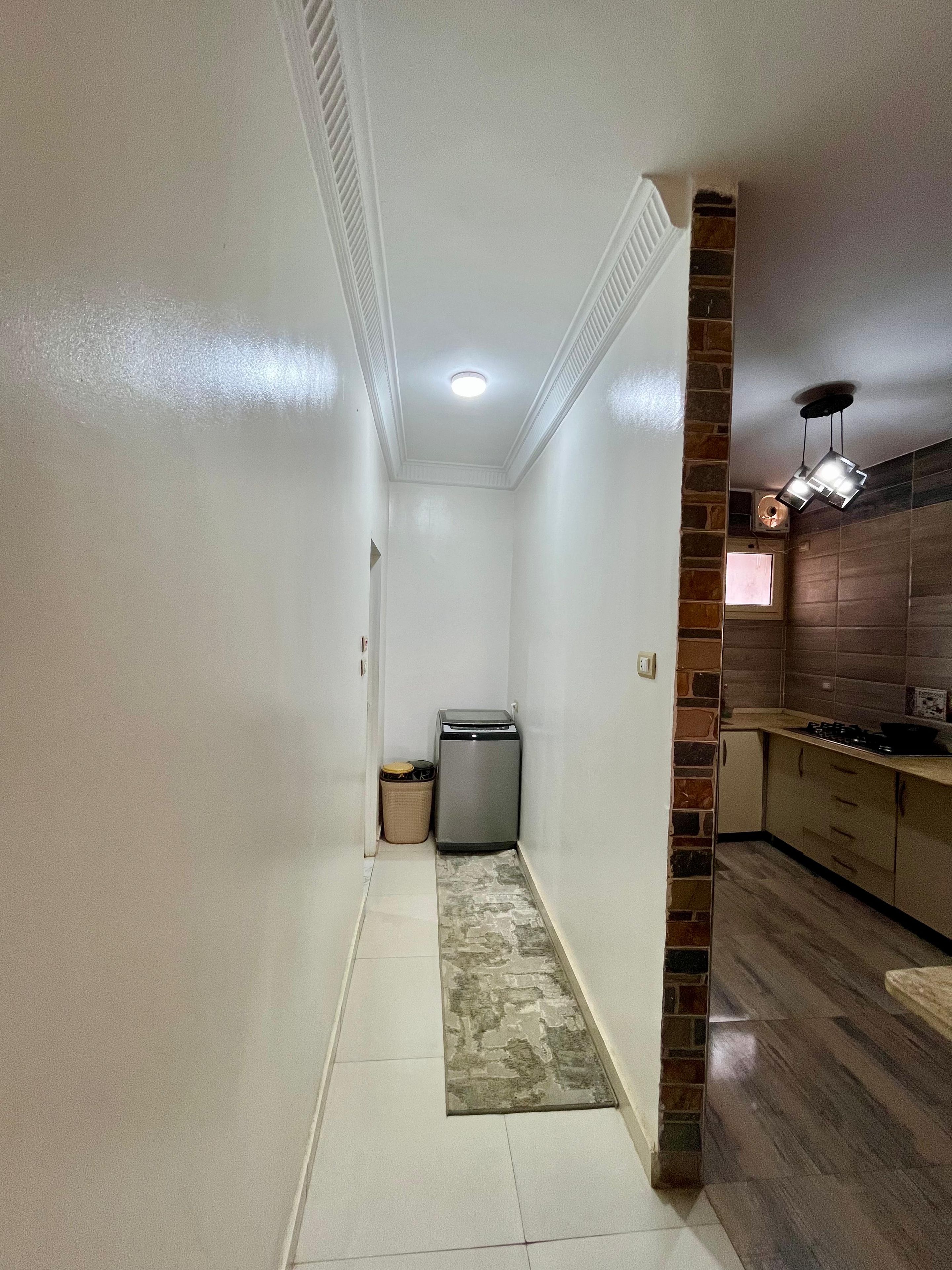 A narrow hallway with a trash bin, a small appliance, and a rug on the floor.