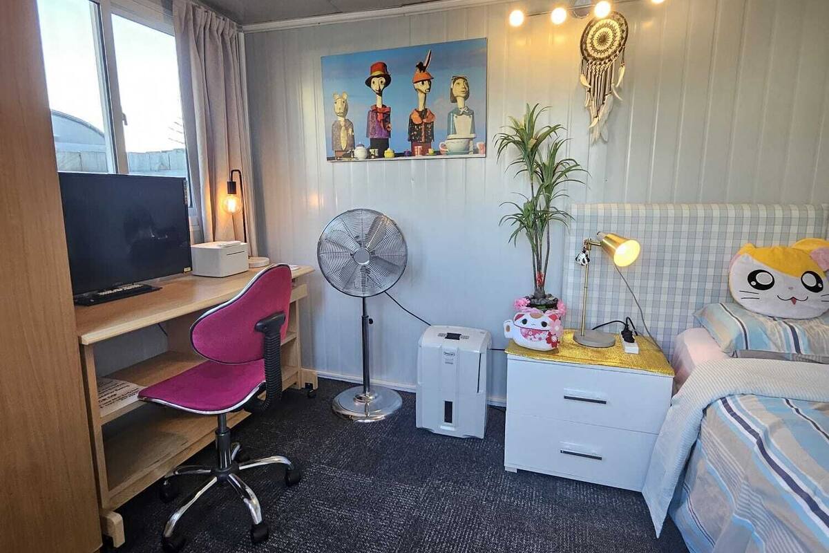 A compact hotel room with a wooden desk, a pink office chair, a bed with a striped blanket, a bedside table with a lamp, a wall-mounted dreamcatcher, and a painting of cartoon characters.