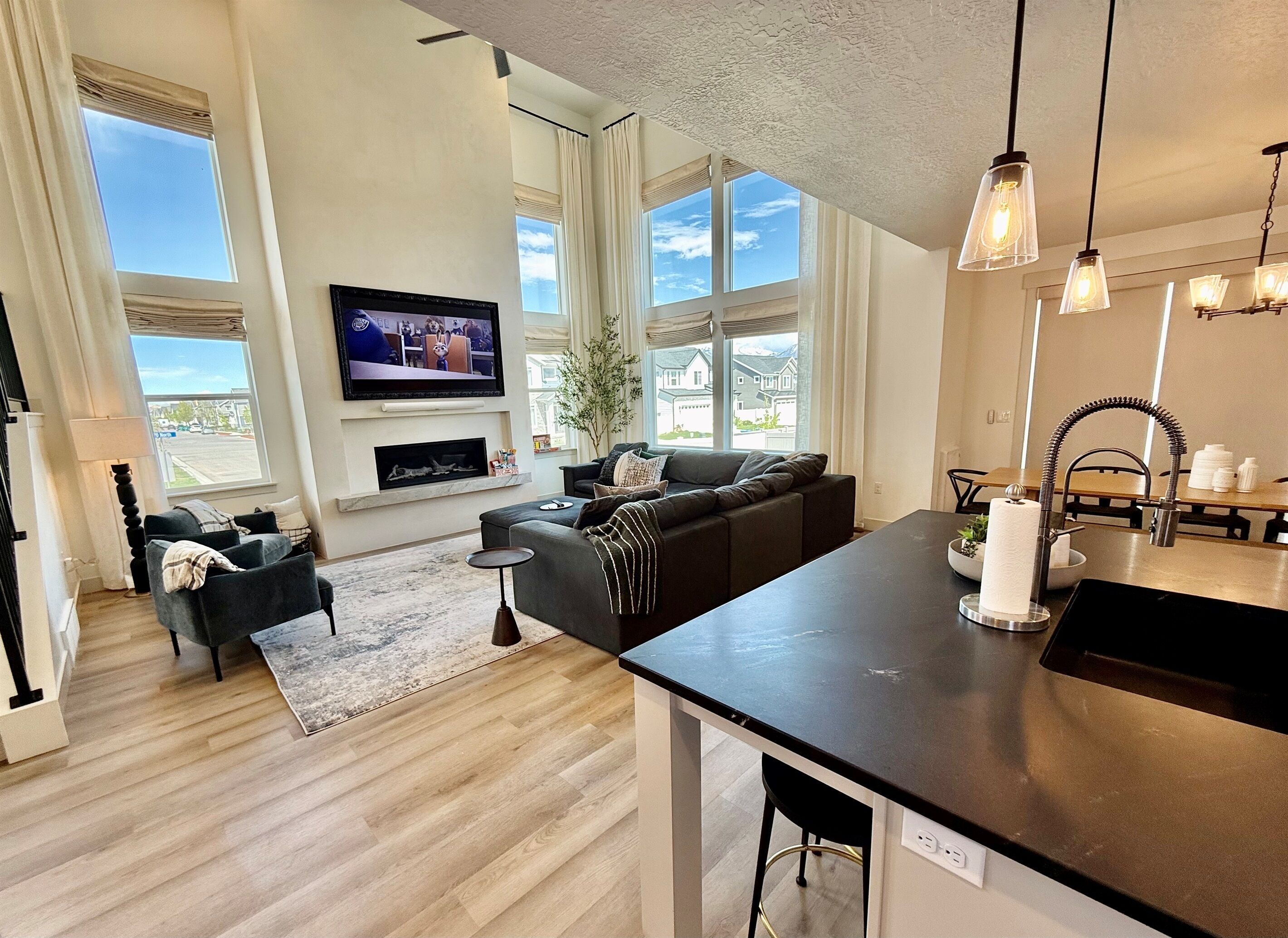 Smart TV, fireplace, books, stereo