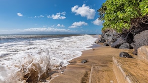 A beach with waves, a wooden bench, and green foliage. - The Mahana at Kaanapali (Lahaina)