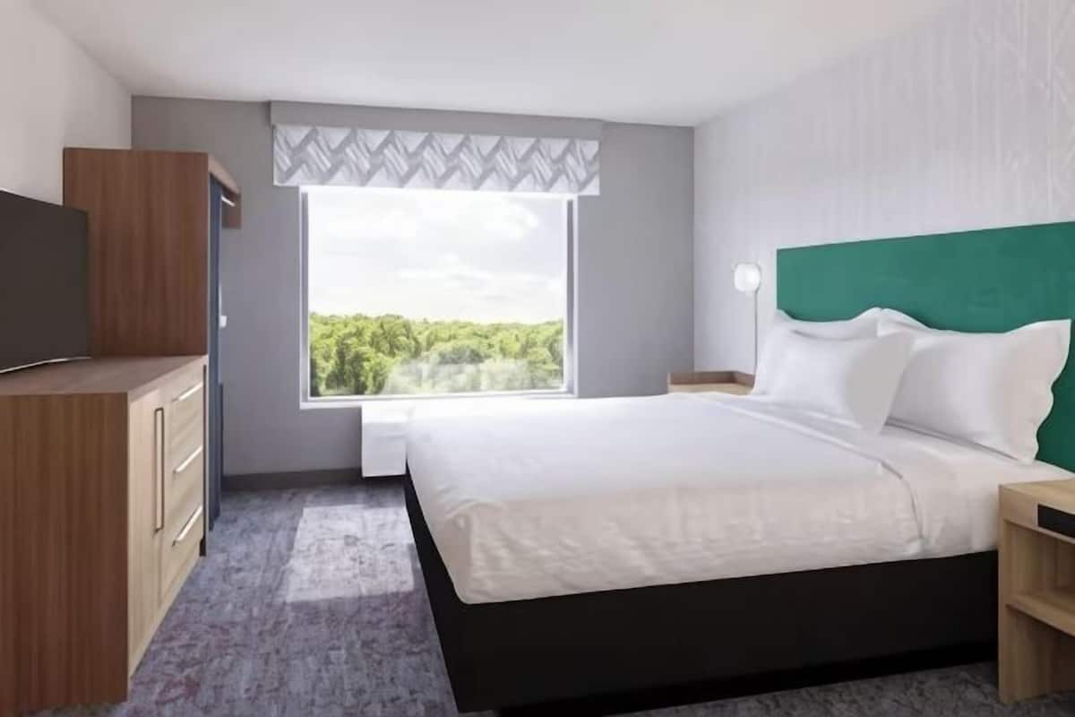 Een slaapkamer met een bed, een televisie, een raam en uitzicht op groen.