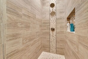 Shower, eco-friendly toiletries, hair dryer, towels