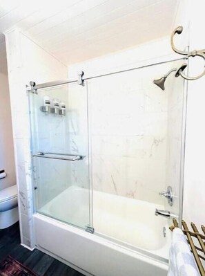 Hair dryer, towels, soap, shampoo