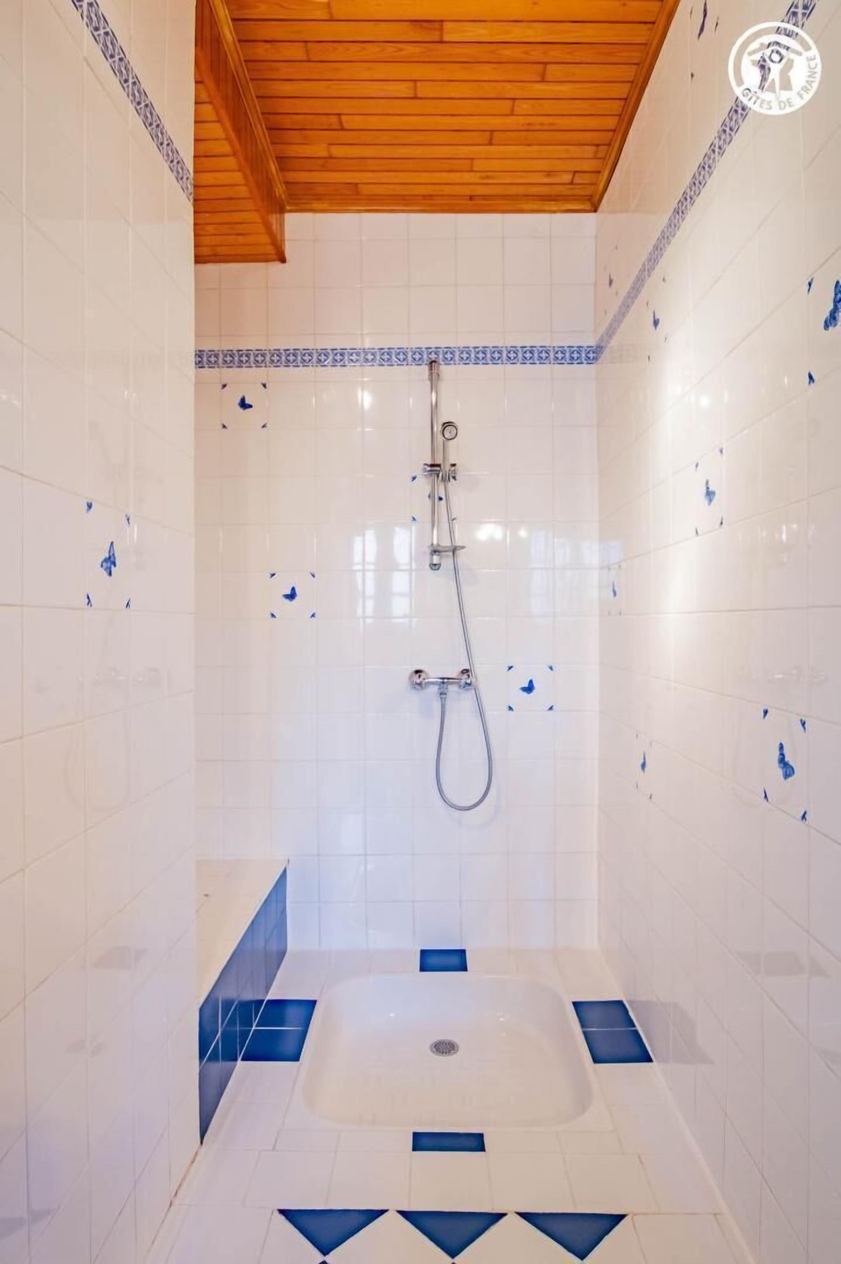 A bathroom with white tiles, blue accents, a wooden ceiling, and a bathtub.