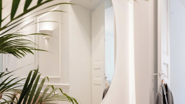 Un baño moderno con un espejo grande, una planta en maceta y un perchero.