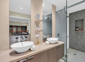 Shower, hair dryer, towels, soap