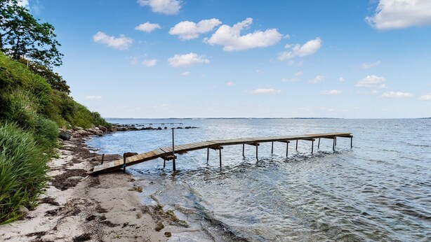A wooden pier extending into calm waters, surrounded by a sandy beach and lush greenery.