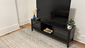 A black TV stand with a flat-screen TV, a small shelf with magazines, a blue vase with dried plants, and a potted plant. - Steel City Stay- 4B/2B Getaway (Pittsburgh)
