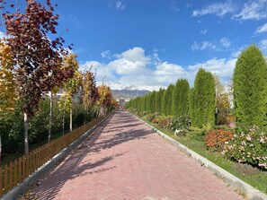 A paved pathway lined with trees and shrubs, leading towards a distant mountain range under a clear sky. - Baytur Resort & Spa (Cholpon-Ata)