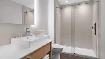 Hair dryer, towels, soap, shampoo