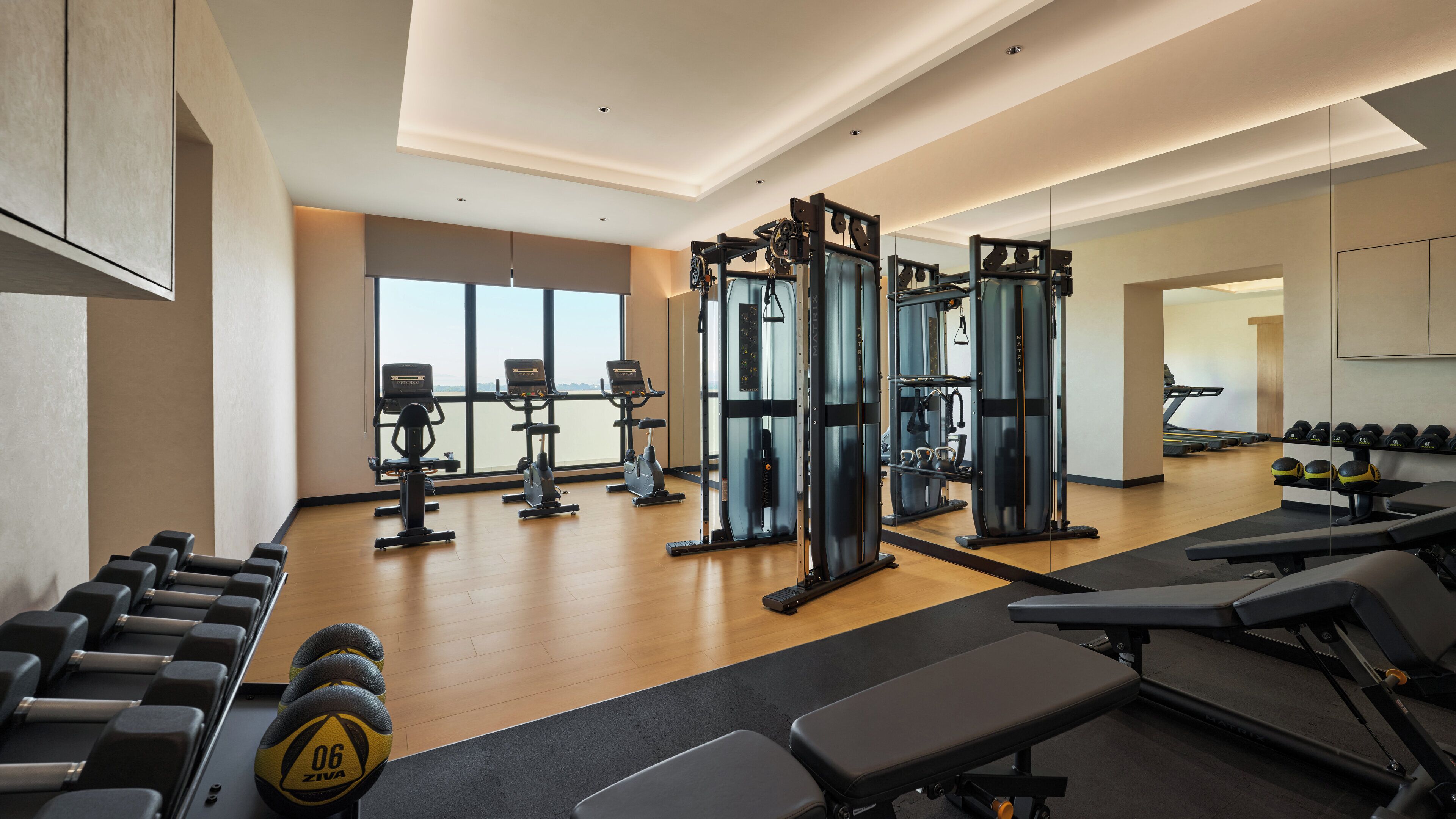 Ein modernes Fitnessstudio mit Cardiogeräten, Kurzhanteln und verschiedenen Trainingsgeräten.
