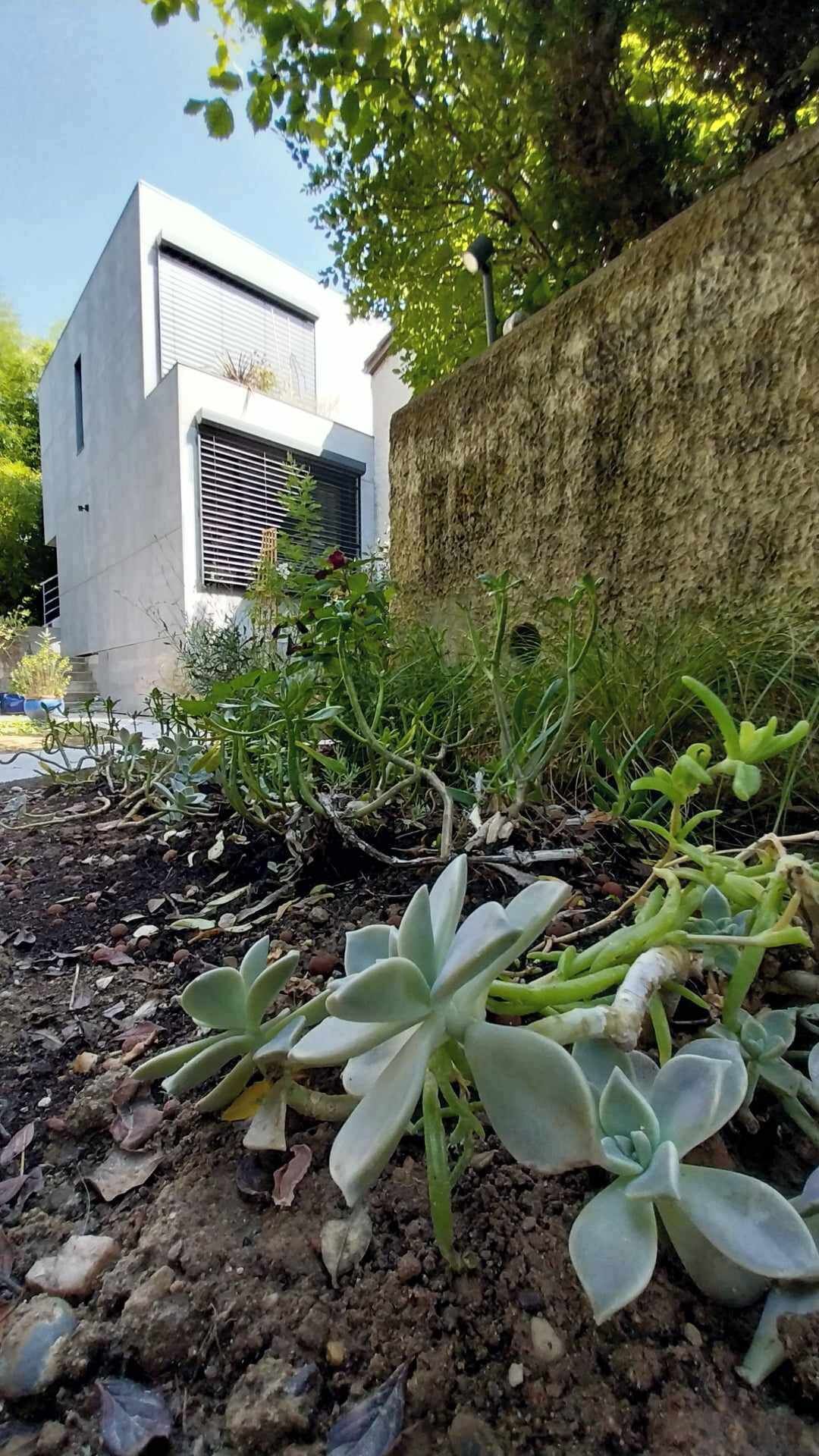 Een modern gebouw met een witte gevel en een groot raam.