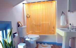 Secador de cabelo, bidê, toalhas de banho, sabonete