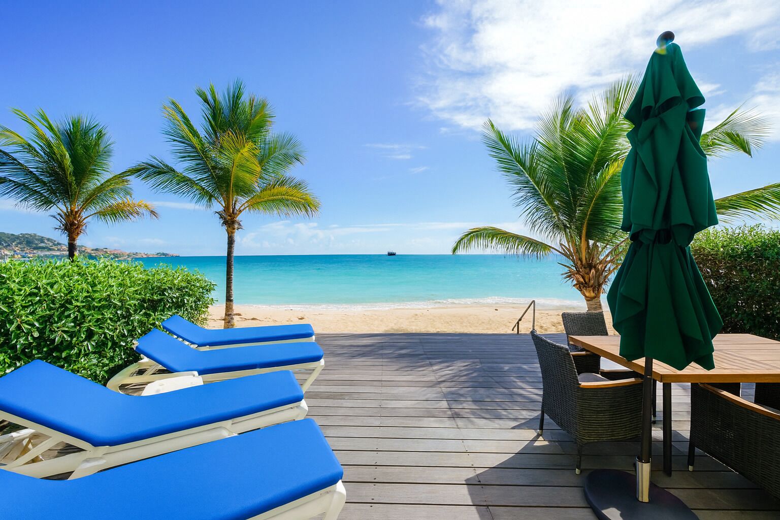 On the beach, sun loungers, beach towels