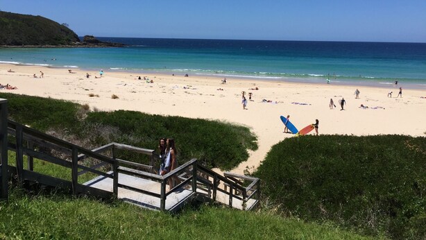 A beach with a wooden staircase leading down to the sand, surrounded by greenery.