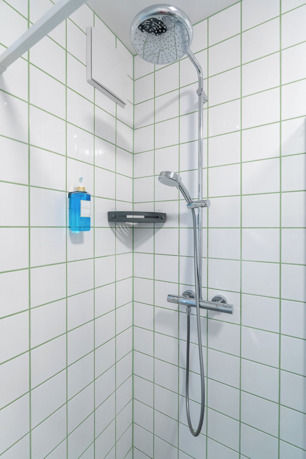 A shower with a handheld showerhead and a handheld faucet.