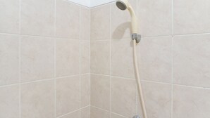 A shower with a curved head and a handheld showerhead.