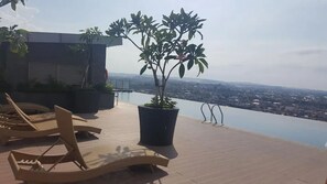 Een dakterras met lounge stoelen, een plant in pot en uitzicht op een stadslandschap.