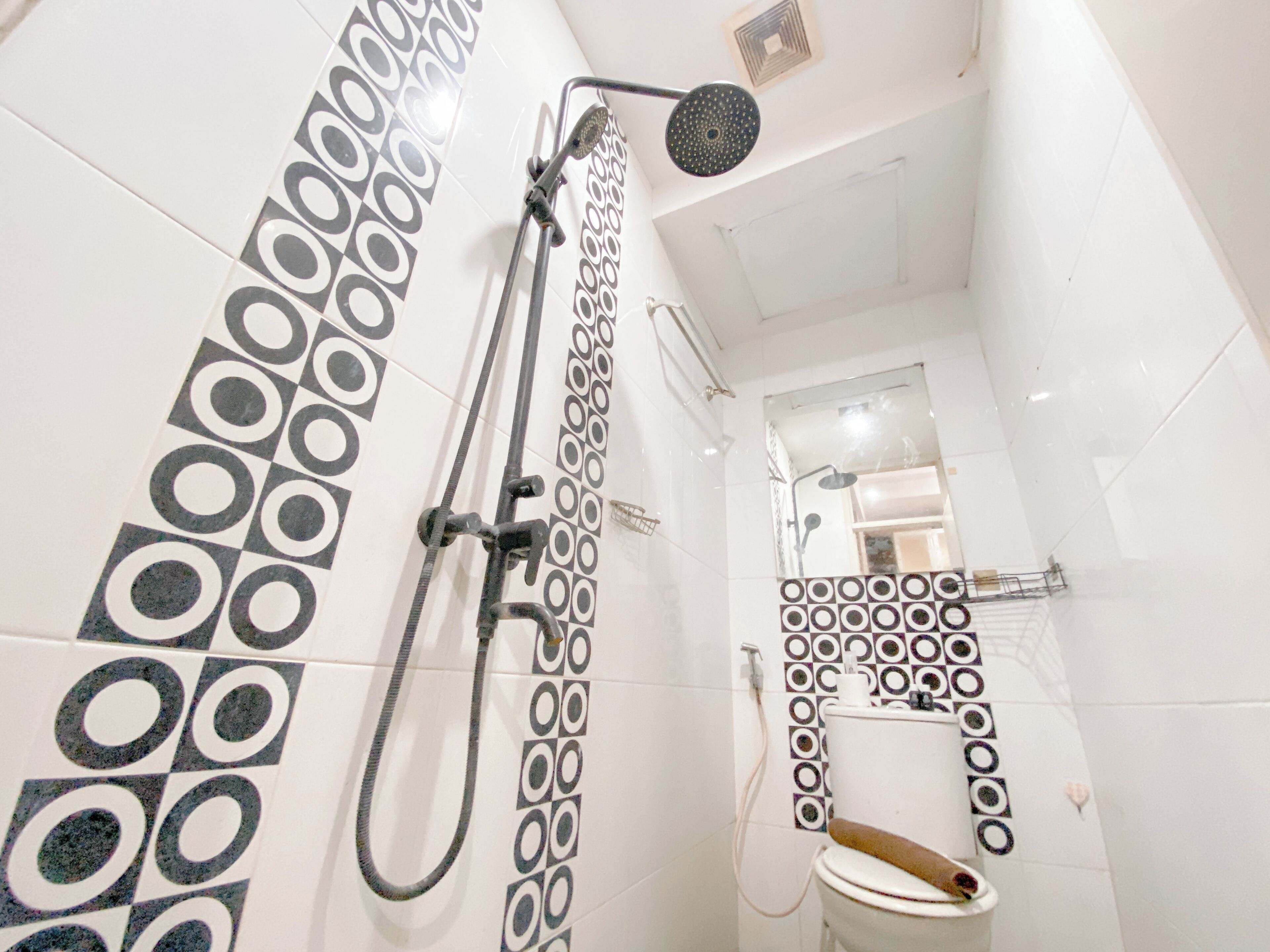 A bathroom with a shower, toilet, and a mirror.
