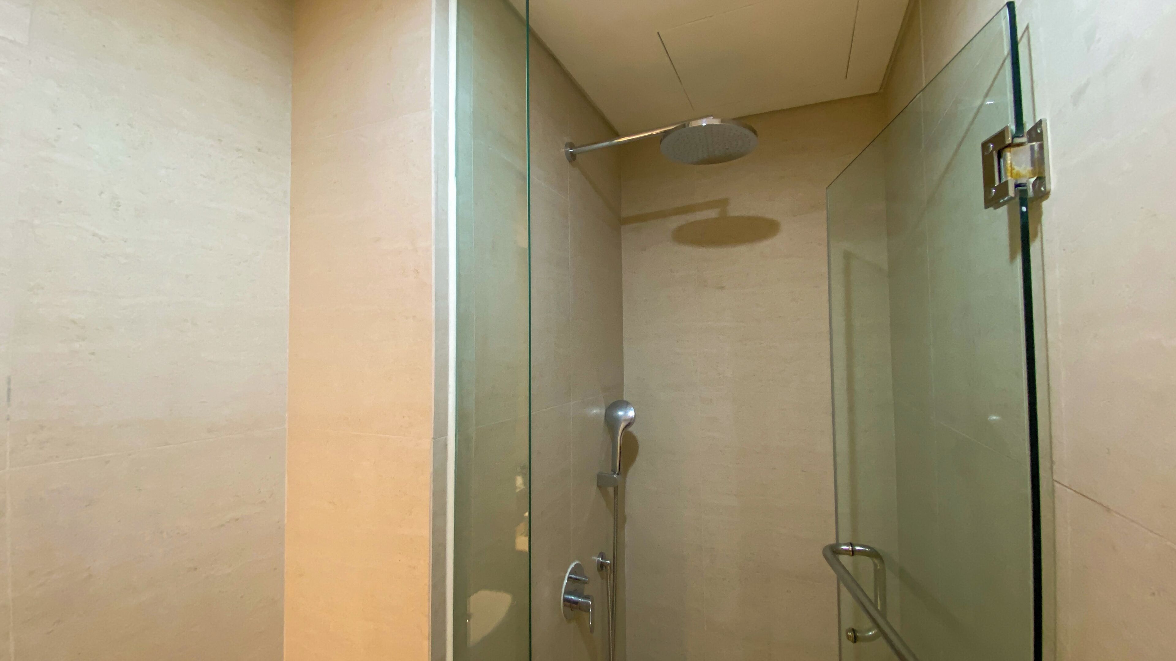 A glass-enclosed shower with a handheld showerhead and a handheld faucet.