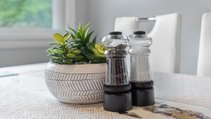 Une table blanche à la texture particulière, sur laquelle se trouve un bol blanc contenant des plantes vertes, ainsi que deux salières et deux poivrières.