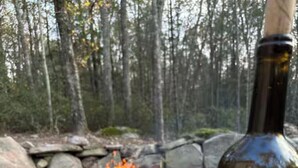 A bottle of wine, a plate of grilled vegetables, and a glass of red wine on a stone surface with a fire in the background. - Secluded modern cabin with hot tub (Eldred)