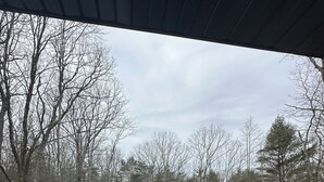 A hot tub on a patio with a view of a forest. - Secluded modern cabin with hot tub (Eldred)