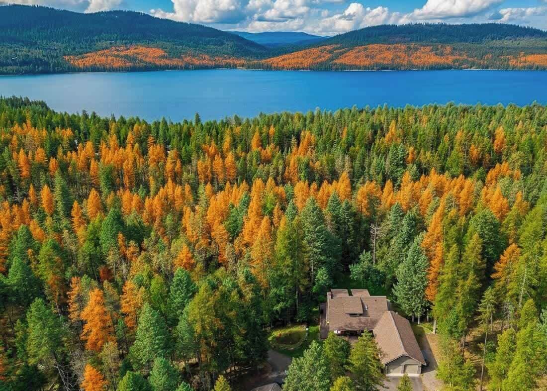 Vista aérea de una zona boscosa con un lago y una casa rodeada de árboles.